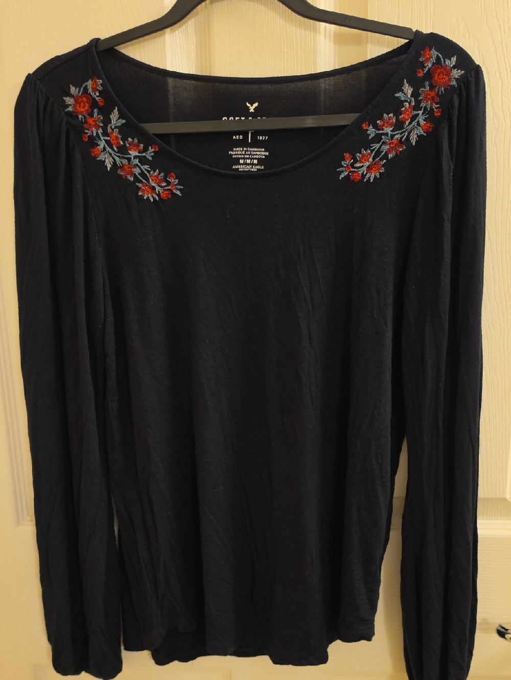 American Eagle Outfitters Black Long Sleeve Top with Red Floral Embroidery